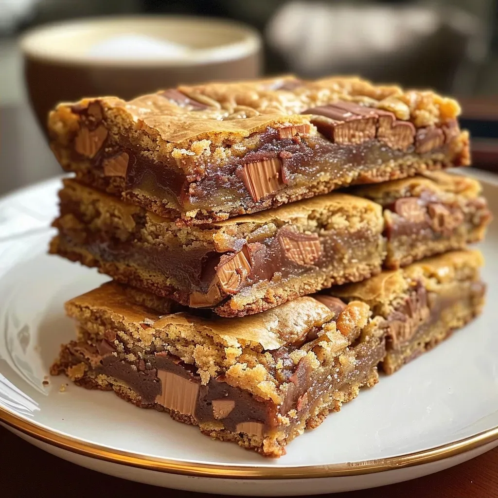 ['Close-up of a golden-brown Snickers Bar Blondie, showcasing its chewy texture and chopped Snickers pieces.', 'Side view of luxurious Snickers Bar Blondies, with visible bits of chocolate and caramel throughout.', 'Mouthwatering Snickers Bar Blondies, highlighting the glossy top and scattered mini Snickers chunks.', 'Deliciously baked blondies featuring Snickers Bars, displaying a rich, inviting color and crumbly surface.']