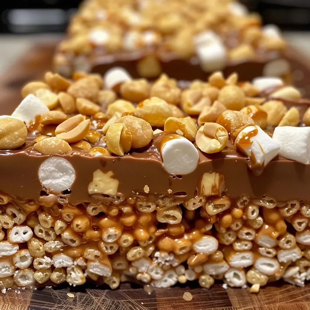 ['A close-up view of a Snickers Rice Crispy Treat, showcasing layers of marshmallow and chocolate.', 'Side view of a gooey Snickers Rice Crispy Treat, featuring visible chunks of peanuts and chocolate.', 'Detailed image of a Snickers Rice Crispy Treat, highlighting a textured surface and rich caramel drizzle.', 'Close-up of a cut Snickers Rice Crispy Treat, with contrasting colors of chocolate, caramel, and marshmallow.']
