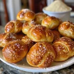 ['Close-up of soft pretzel bites, golden brown with a sprinkle of salt.', 'Side view of warm, fluffy pretzel bites arranged on a plate.', 'Juicy soft pretzel bites in a rustic setting, showcasing their texture.', 'An appetizing display of soft pretzel bites with coarse salt on top.']