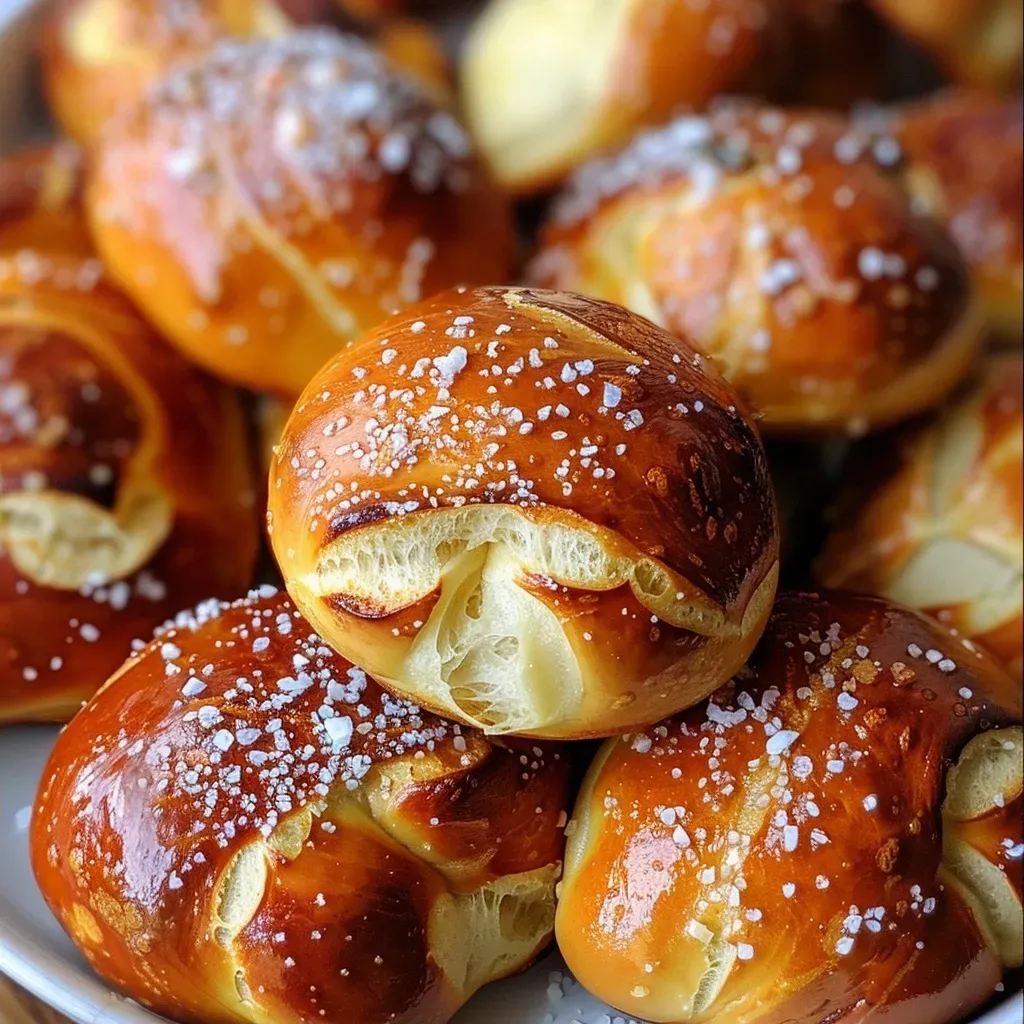 ['Close-up of golden-brown soft pretzel bites, sprinkled with coarse salt.', 'Soft pretzel bites arranged neatly, showcasing their fluffy texture and shine.', 'A side view of warm, mouthwatering soft pretzel bites ready to be enjoyed.', 'Juicy soft pretzel bites with a rich golden color, highlighting their inviting appearance.']