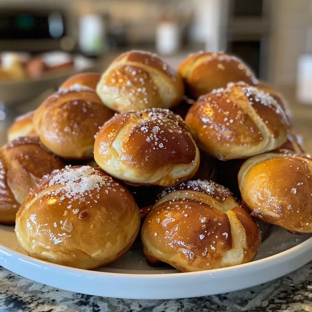 ['Close-up of soft pretzel bites, golden brown with a sprinkle of salt.', 'Side view of warm, fluffy pretzel bites arranged on a plate.', 'Juicy soft pretzel bites in a rustic setting, showcasing their texture.', 'An appetizing display of soft pretzel bites with coarse salt on top.']