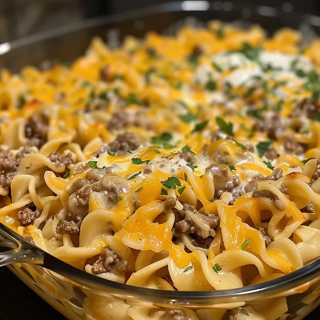 ['A close-up side view of Sour Cream Beef Noodle Casserole, showcasing layers of beef, noodles, and cheese.', 'Juicy Sour Cream Beef Noodle Casserole in a baking dish, highlighting its creamy texture and melted cheese.', 'Side angle photo of a hearty Sour Cream Beef Noodle Casserole, with visible chunks of ground beef and egg noodles.', 'Close-up image of Sour Cream Beef Noodle Casserole, featuring a golden cheesy top and rich beef filling.']