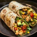 ['A close-up side view of a Southwest Chicken Wrap filled with colorful ingredients.', 'Juicy Southwest Chicken Wrap showcased with fresh vegetables and chicken.', 'A vibrant Southwest Chicken Wrap displaying layers of chicken and toppings.', 'Side view of a Southwest Chicken Wrap packed with lettuce, avocado, and cheese.']