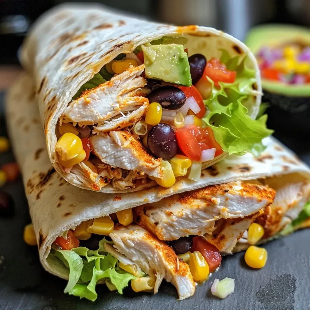 ['A close-up side view of a Southwest Chicken Wrap filled with colorful ingredients.', 'Juicy Southwest Chicken Wrap showcased with fresh vegetables and chicken.', 'A vibrant Southwest Chicken Wrap displaying layers of chicken and toppings.', 'Side view of a Southwest Chicken Wrap packed with lettuce, avocado, and cheese.']