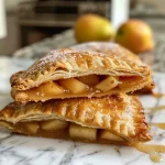 ['Close-up view of a spiced apple pear pie pocket, showcasing its golden crust and juicy filling.', 'Side angle of a baked pie pocket filled with spiced apples and pears, emphasizing texture and color.', 'Deliciously baked spiced apple pear pie pocket with a crispy crust, revealing hints of fruit filling.', 'Juicy filling of an apple pear pie pocket visible through a flaky crust, captured in a close-up shot.']