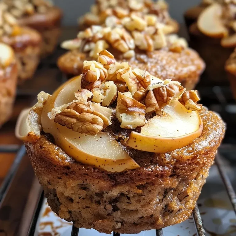 ['Close-up view of spiced pear and walnut muffins with a golden-brown crust.', 'Side view of freshly baked muffins studded with diced pears and walnuts.', 'Detailed shot of warm, spiced muffins showcasing the pear and walnut topping.', 'Delicious pear and walnut muffins displayed on a wooden surface, highlighting texture.']