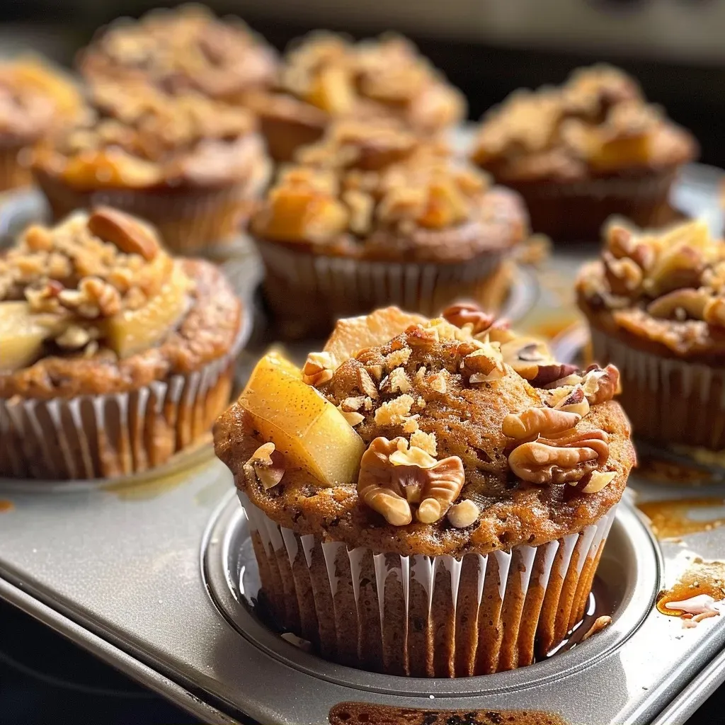 ['Close-up view of spiced pear and walnut muffins with a golden-brown crust.', 'Side view of freshly baked muffins studded with diced pears and walnuts.', 'Detailed shot of warm, spiced muffins showcasing the pear and walnut topping.', 'Delicious pear and walnut muffins displayed on a wooden surface, highlighting texture.']