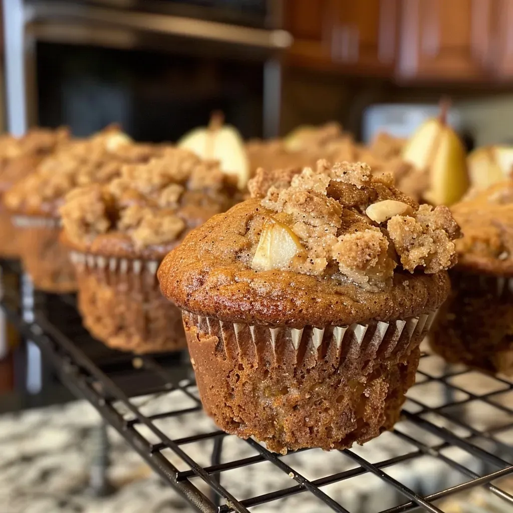 ['A close-up side view of freshly baked spiced pear muffins with a golden-brown crust.', 'Juicy spiced pear muffins displayed on a wooden surface, showcasing their fluffy texture.', 'Soft and inviting spiced pear muffins with visible pear chunks and a sprinkle of cinnamon.', 'A detailed look at warm spiced pear muffins, highlighting their moist interior and crumbly top.']
