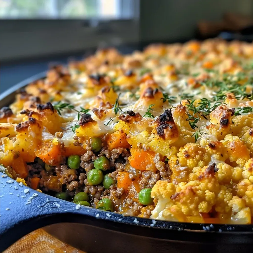 ['Close-up view of a juicy spiced cottage pie with golden mashed sweet potato topping.', 'Side angle of a delicious cottage pie, showcasing layers of ground beef and colorful vegetables.', 'Rich and hearty cottage pie with a creamy cauliflower and sweet potato crust, garnished on the side.',