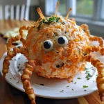 ['A close-up view of a Spider Cheese Ball decorated with black olive eyes and string cheese legs.', 'A side perspective of a creamy cheese ball shaped like a spider, featuring olives for eyes.', 'A close-up image showcasing a decorative cheese ball with spider-like features and a creamy texture.', 'A juicy spider-themed cheese ball with shredded cheddar cheese and string cheese legs against a neutral backdrop.']