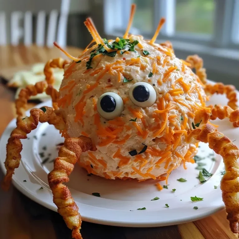 ['A close-up view of a Spider Cheese Ball decorated with black olive eyes and string cheese legs.', 'A side perspective of a creamy cheese ball shaped like a spider, featuring olives for eyes.', 'A close-up image showcasing a decorative cheese ball with spider-like features and a creamy texture.', 'A juicy spider-themed cheese ball with shredded cheddar cheese and string cheese legs against a neutral backdrop.']