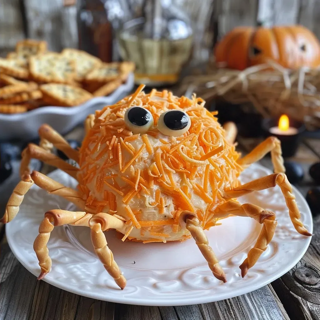 ['A close-up view of a Spider Cheese Ball decorated with black olive eyes and string cheese legs.', 'A side perspective of a creamy cheese ball shaped like a spider, featuring olives for eyes.', 'A close-up image showcasing a decorative cheese ball with spider-like features and a creamy texture.', 'A juicy spider-themed cheese ball with shredded cheddar cheese and string cheese legs against a neutral backdrop.']