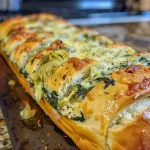 ['Close-up view of Spinach and Artichoke Stuffed Bread highlighting gooey cheese and green fillings.', 'Side view of a loaf of bread stuffed with spinach and artichoke, showcasing melted cheese and herbs.', 'Juicy Spinach and Artichoke Stuffed Bread with creamy cheese filling, captured in rich detail.', 'Deliciously stuffed bread featuring spinach and artichokes, displayed with a golden crust.']