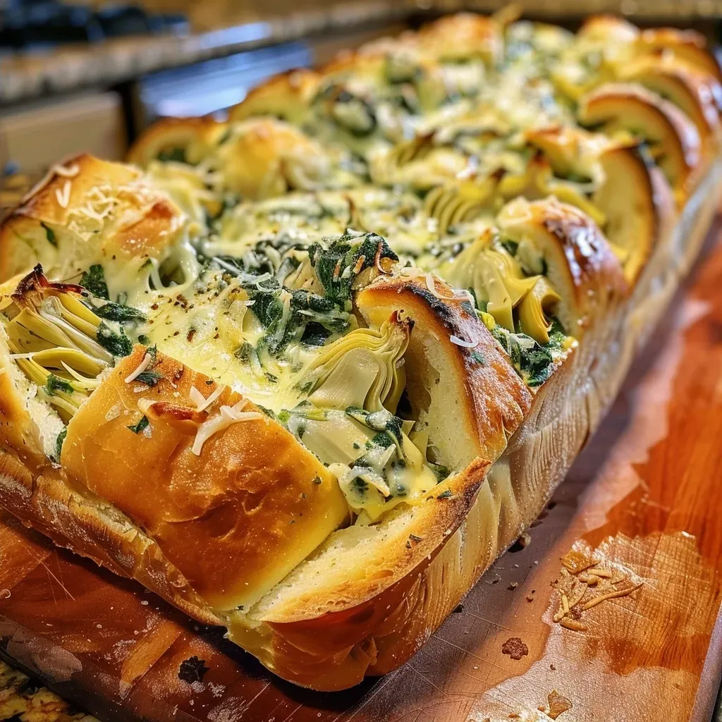 ['Close-up view of Spinach and Artichoke Stuffed Bread highlighting gooey cheese and green fillings.', 'Side view of a loaf of bread stuffed with spinach and artichoke, showcasing melted cheese and herbs.', 'Juicy Spinach and Artichoke Stuffed Bread with creamy cheese filling, captured in rich detail.', 'Deliciously stuffed bread featuring spinach and artichokes, displayed with a golden crust.']