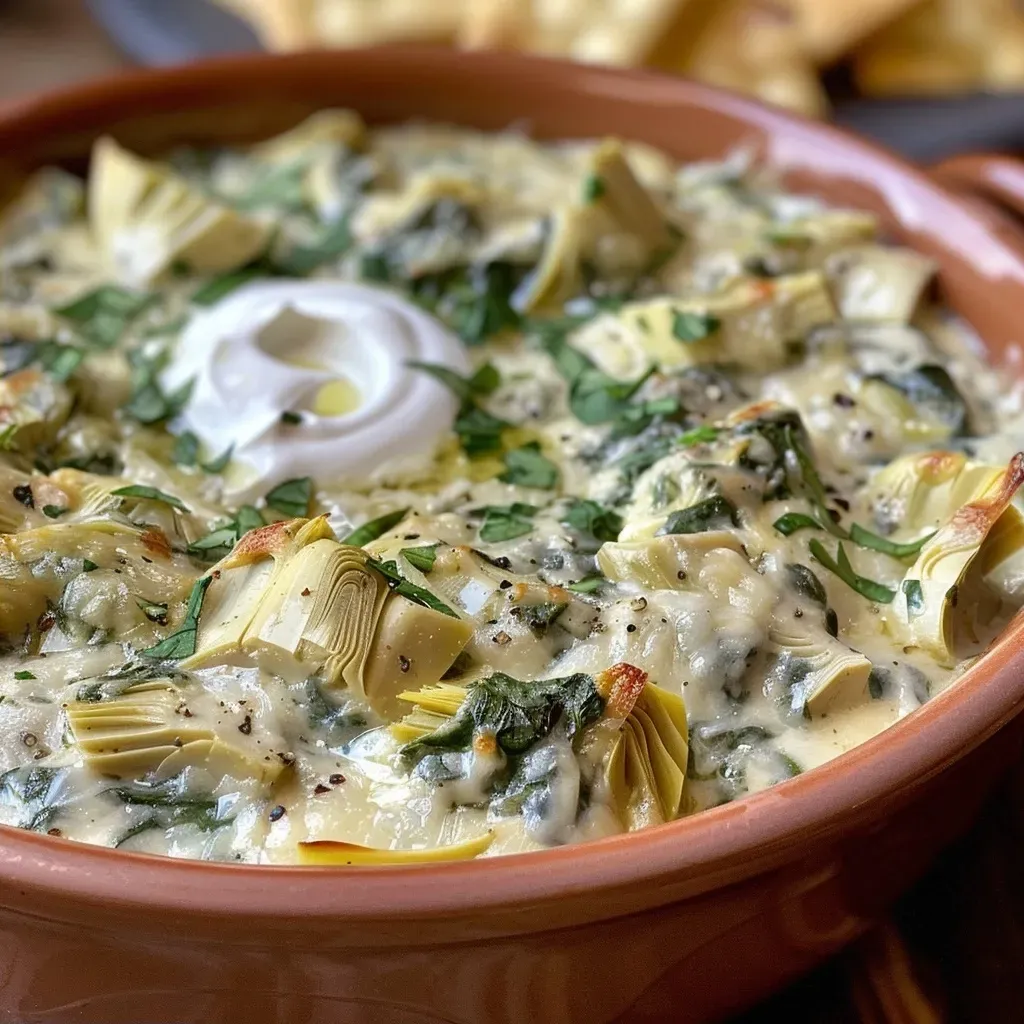 ['Close-up of a creamy spinach artichoke dip served in a white bowl with a golden brown crust.', 'Detailed view of a delicious spinach artichoke dip, featuring bits of spinach and artichoke, ready for dipping.', 'Creamy spinach artichoke dip in a bowl, showcasing its rich texture and vibrant green color.', 'Side view of a savory spinach artichoke dip, garnished and surrounded by tortilla chips.']