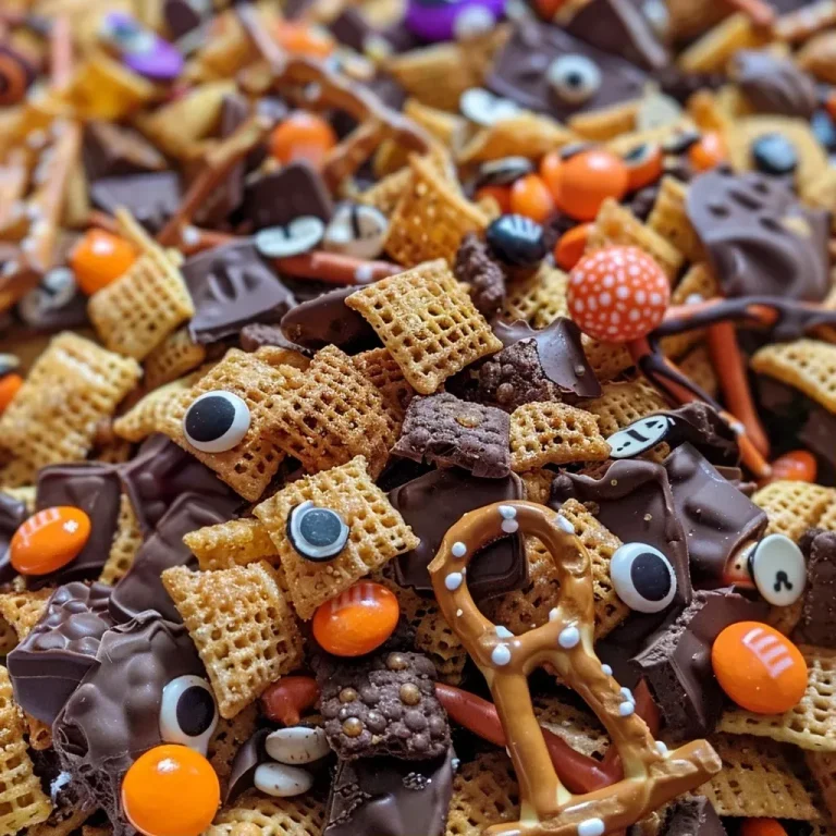 ['Close-up shot of colorful Halloween snack mix featuring cereals, pretzels, and candy.', 'Side view of a spooky snack mix with chocolate-coated treats and festive sprinkles.', 'Detailed image of Halloween-themed snack mix, including candy eyeballs and colorful candies.', 'Vibrant Halloween snack mix captured in a close-up photo, showcasing various sweet treats.']
