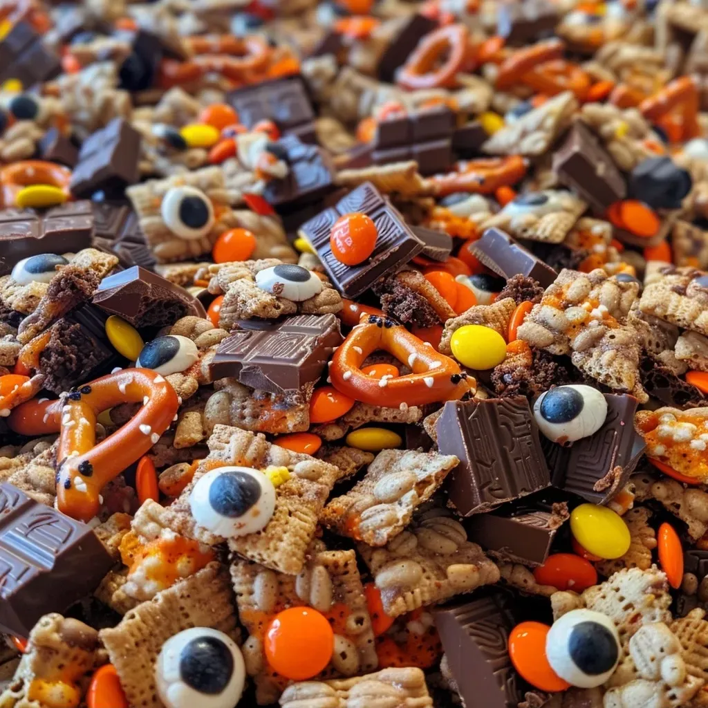['Close-up shot of colorful Halloween snack mix featuring cereals, pretzels, and candy.', 'Side view of a spooky snack mix with chocolate-coated treats and festive sprinkles.', 'Detailed image of Halloween-themed snack mix, including candy eyeballs and colorful candies.', 'Vibrant Halloween snack mix captured in a close-up photo, showcasing various sweet treats.']