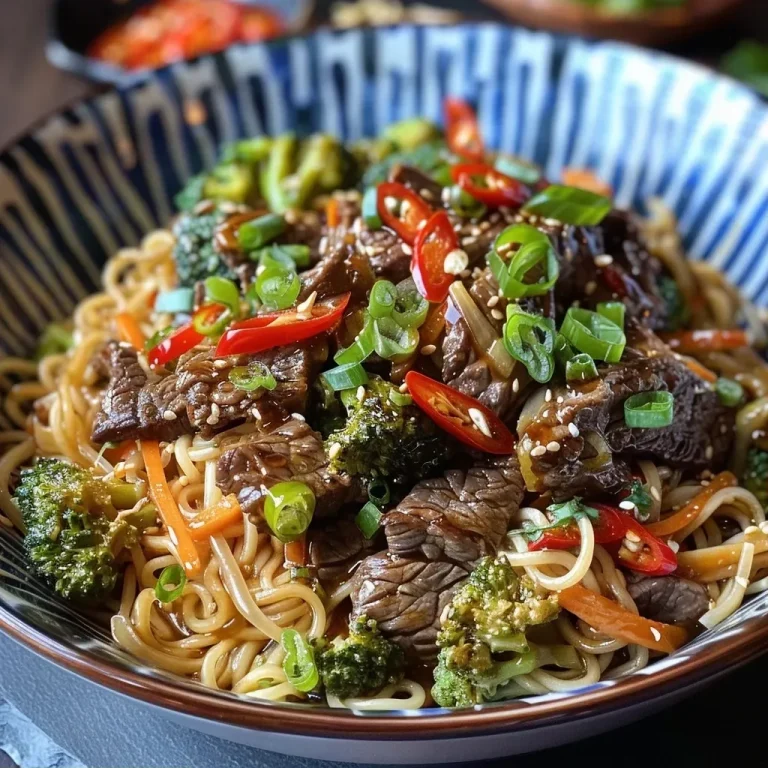 ['Close-up of Sticky Beef Noodles with vibrant bell pepper and greens.', 'Juicy sirloin steak slices over fresh egg noodles with broccoli and chilies.', 'A plate of Sticky Beef Noodles showcasing beef, colorful vegetables, and herbs.', 'Side view of a bowl filled with Sticky Beef Noodles garnished with spring onions.']