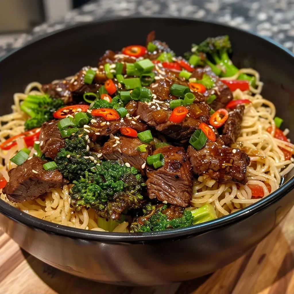 ['Close-up of Sticky Beef Noodles with vibrant bell pepper and greens.', 'Juicy sirloin steak slices over fresh egg noodles with broccoli and chilies.', 'A plate of Sticky Beef Noodles showcasing beef, colorful vegetables, and herbs.', 'Side view of a bowl filled with Sticky Beef Noodles garnished with spring onions.']