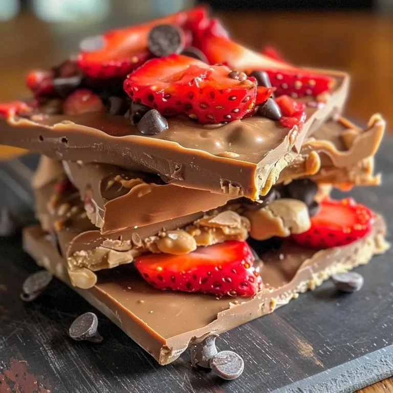['Close-up view of a colorful Strawberry Peanut Butter Bark topped with sliced strawberries.', 'Side angle shot of a delicious Strawberry Peanut Butter Bark, showcasing its rich layers of peanut butter and chocolate.', 'Juicy fresh strawberries embedded in a creamy peanut butter and chocolate bark, displayed on a white plate.', 'A slice of Strawberry Peanut Butter Bark featuring melted chocolate and flaked sea salt sprinkled on top.']
