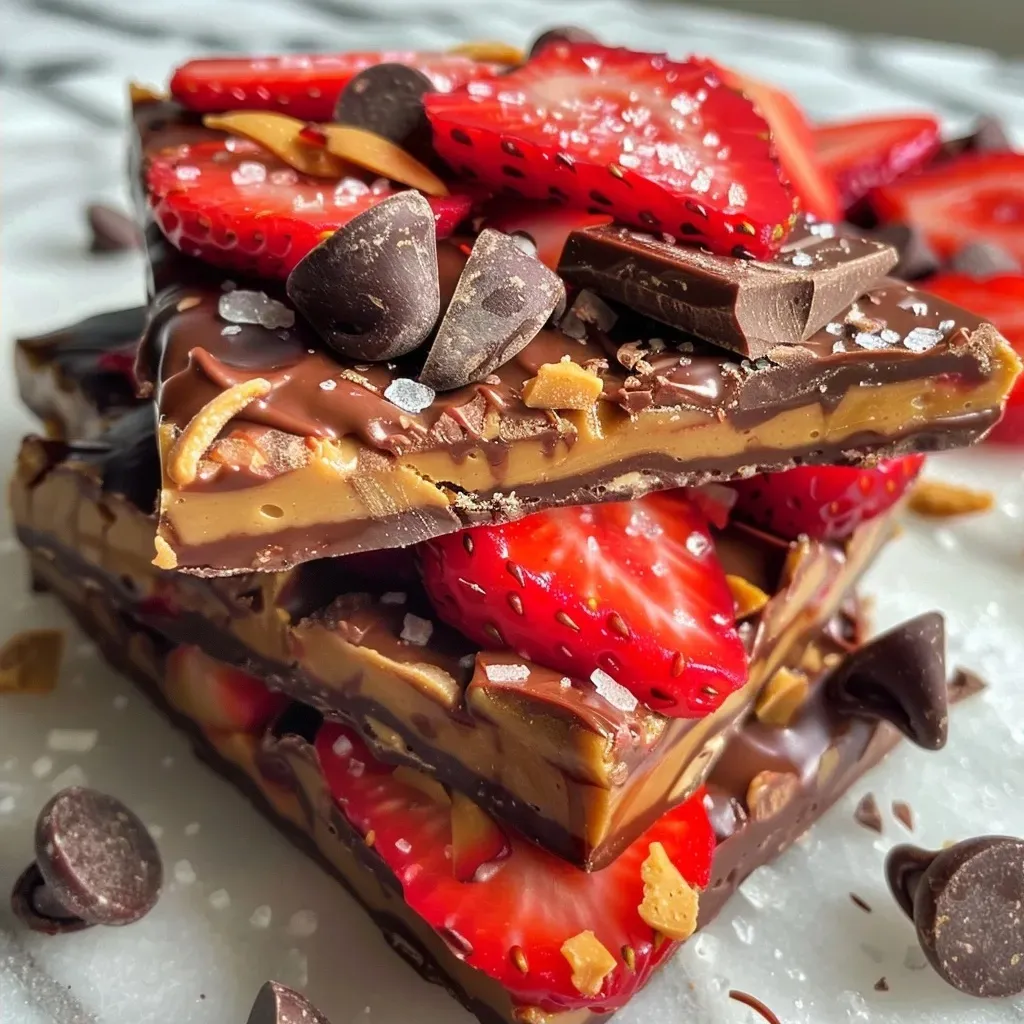 ['Close-up view of a colorful Strawberry Peanut Butter Bark topped with sliced strawberries.', 'Side angle shot of a delicious Strawberry Peanut Butter Bark, showcasing its rich layers of peanut butter and chocolate.', 'Juicy fresh strawberries embedded in a creamy peanut butter and chocolate bark, displayed on a white plate.', 'A slice of Strawberry Peanut Butter Bark featuring melted chocolate and flaked sea salt sprinkled on top.']