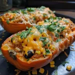 ['Close-up of a stuffed butternut squash filled with colorful ingredients.', 'Side view of a baked butternut squash overflowing with rice, beans, and cheese.', 'Juicy stuffed butternut squash showcasing a mixture of toppings and garnishes.', 'Detailed image of a roasted butternut squash split open, revealing a hearty filling.']