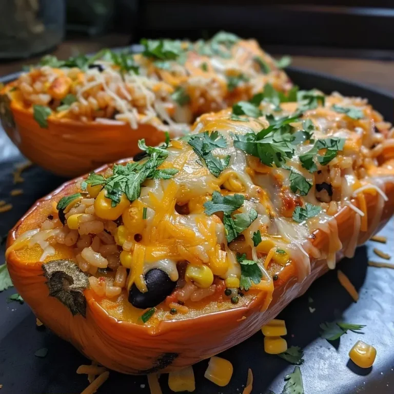 ['Close-up of a stuffed butternut squash filled with colorful ingredients.', 'Side view of a baked butternut squash overflowing with rice, beans, and cheese.', 'Juicy stuffed butternut squash showcasing a mixture of toppings and garnishes.', 'Detailed image of a roasted butternut squash split open, revealing a hearty filling.']