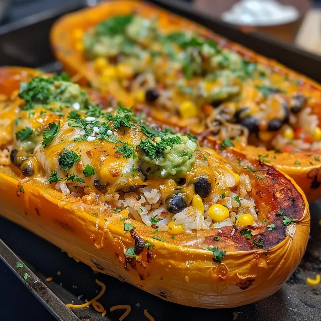 ['Close-up of a stuffed butternut squash filled with colorful ingredients.', 'Side view of a baked butternut squash overflowing with rice, beans, and cheese.', 'Juicy stuffed butternut squash showcasing a mixture of toppings and garnishes.', 'Detailed image of a roasted butternut squash split open, revealing a hearty filling.']