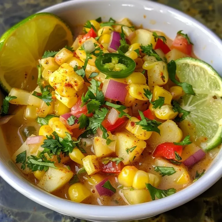 ['Close-up side view of a bowl of Summer Corn Chowder with vibrant corn and vegetables.', 'Delicious Summer Corn Chowder in a bowl, showcasing colorful ingredients like corn and red bell pepper.', 'A rich bowl of Summer Corn Chowder with fresh corn, diced red onion, and greens.', 'Side view of creamy Summer Corn Chowder garnished with cilantro and lime wedges.']