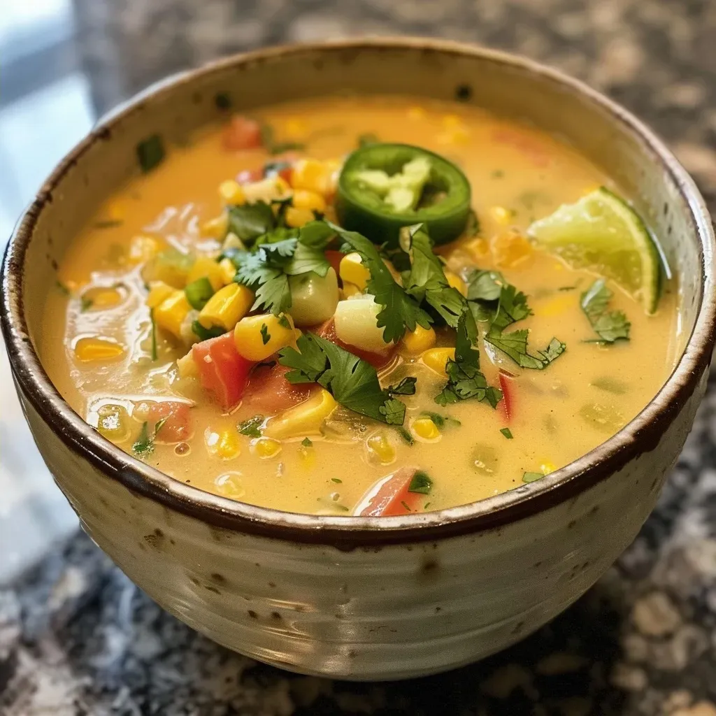 ['Close-up side view of a bowl of Summer Corn Chowder with vibrant corn and vegetables.', 'Delicious Summer Corn Chowder in a bowl, showcasing colorful ingredients like corn and red bell pepper.', 'A rich bowl of Summer Corn Chowder with fresh corn, diced red onion, and greens.', 'Side view of creamy Summer Corn Chowder garnished with cilantro and lime wedges.']