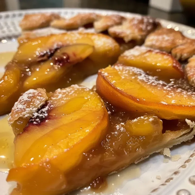 ['A juicy Summer Peach Galette with a golden-brown crust, showcasing sliced peaches on a rustic wooden surface.', 'Close-up of a Summer Peach Galette, highlighting its flaky crust and vibrant peach filling against a dark background.', 'A freshly baked Summer Peach Galette with warm peach slices, presented on a simple white plate.', 'Side view of a Summer Peach Galette, featuring a crispy crust and glistening peaches, ready to be served.']