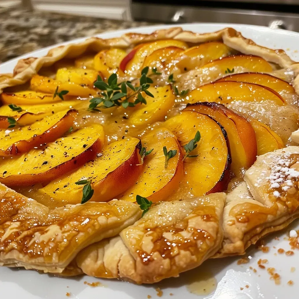 ['A juicy Summer Peach Galette with a golden-brown crust, showcasing sliced peaches on a rustic wooden surface.', 'Close-up of a Summer Peach Galette, highlighting its flaky crust and vibrant peach filling against a dark background.', 'A freshly baked Summer Peach Galette with warm peach slices, presented on a simple white plate.', 'Side view of a Summer Peach Galette, featuring a crispy crust and glistening peaches, ready to be served.']