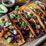 ['Close-up view of Sweet Potato and Black Bean Tacos with vibrant toppings.', 'Juicy tacos filled with sweet potatoes, black beans, and fresh ingredients.', 'Side view of colorful tacos featuring sweet potatoes, black beans, and avocado.', 'Delicious tacos showcasing layers of sweet potatoes, black beans, and garnishes.']