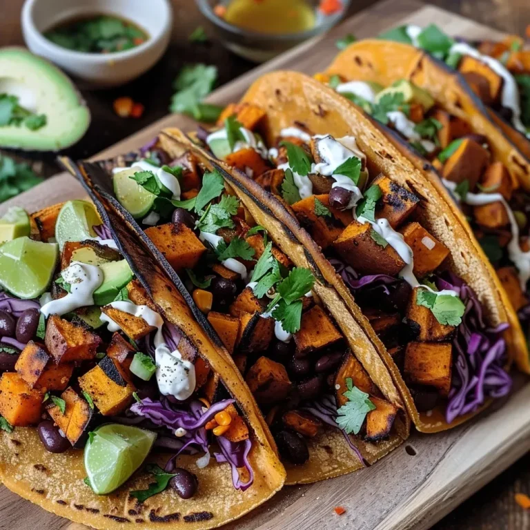 ['Close-up view of Sweet Potato and Black Bean Tacos with vibrant toppings.', 'Juicy tacos filled with sweet potatoes, black beans, and fresh ingredients.', 'Side view of colorful tacos featuring sweet potatoes, black beans, and avocado.', 'Delicious tacos showcasing layers of sweet potatoes, black beans, and garnishes.']