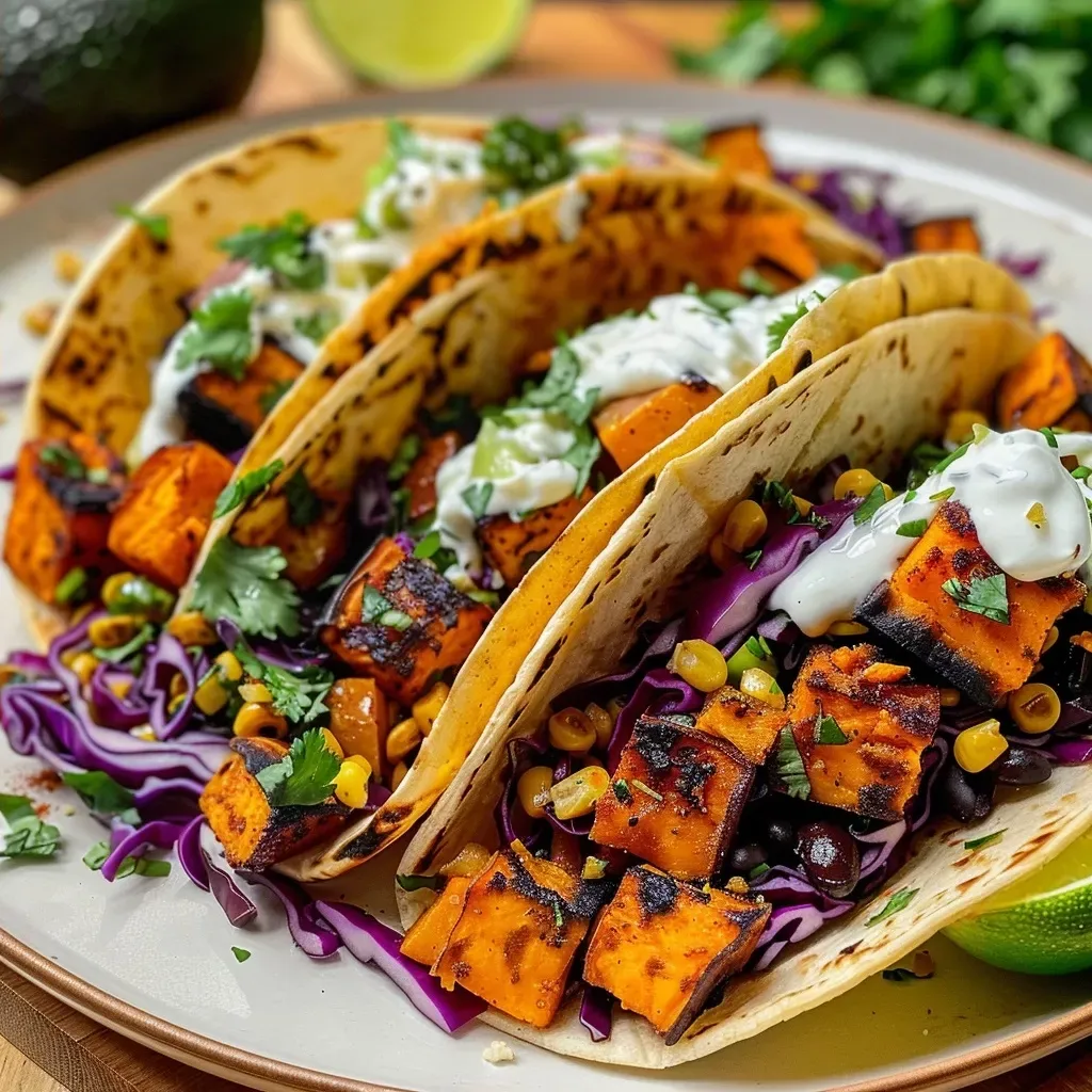 ['Close-up view of Sweet Potato and Black Bean Tacos with vibrant toppings.', 'Juicy tacos filled with sweet potatoes, black beans, and fresh ingredients.', 'Side view of colorful tacos featuring sweet potatoes, black beans, and avocado.', 'Delicious tacos showcasing layers of sweet potatoes, black beans, and garnishes.']