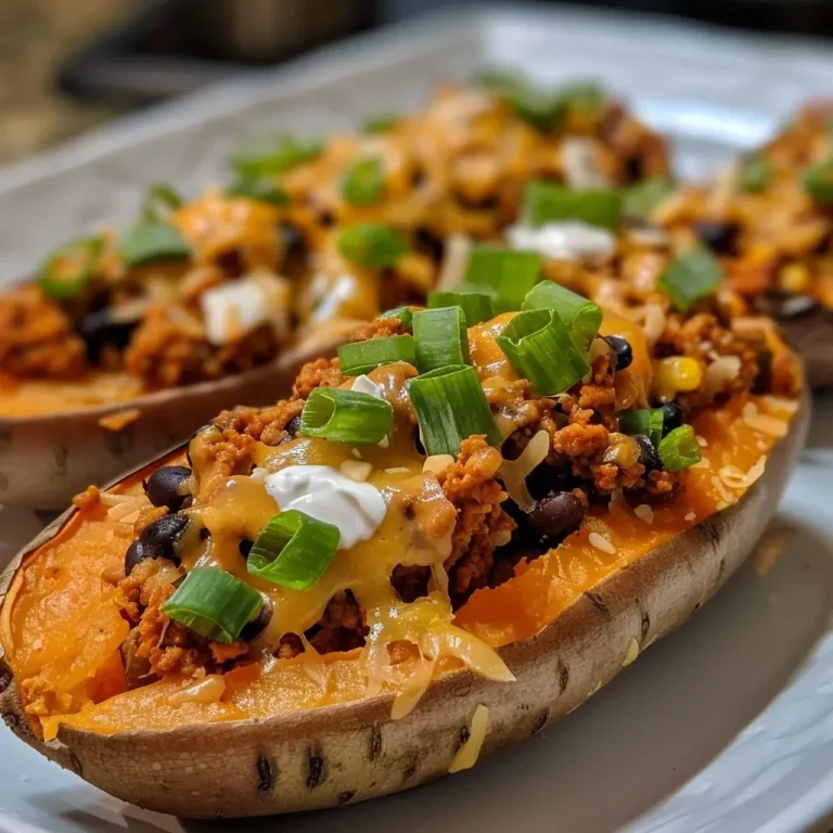 ['Two baked sweet potato halves filled with ground turkey and black beans, topped with melted cheese.', 'Juicy sweet potato boats stuffed with savory ground turkey, black beans, and garnished with fresh toppings.', 'Close-up view of sweet potato boats with a colorful filling of ground turkey, black beans, and shredded cheese.', 'A side view of sweet potatoes filled with ground turkey and black beans, showcasing melted cheese and fresh toppings.']