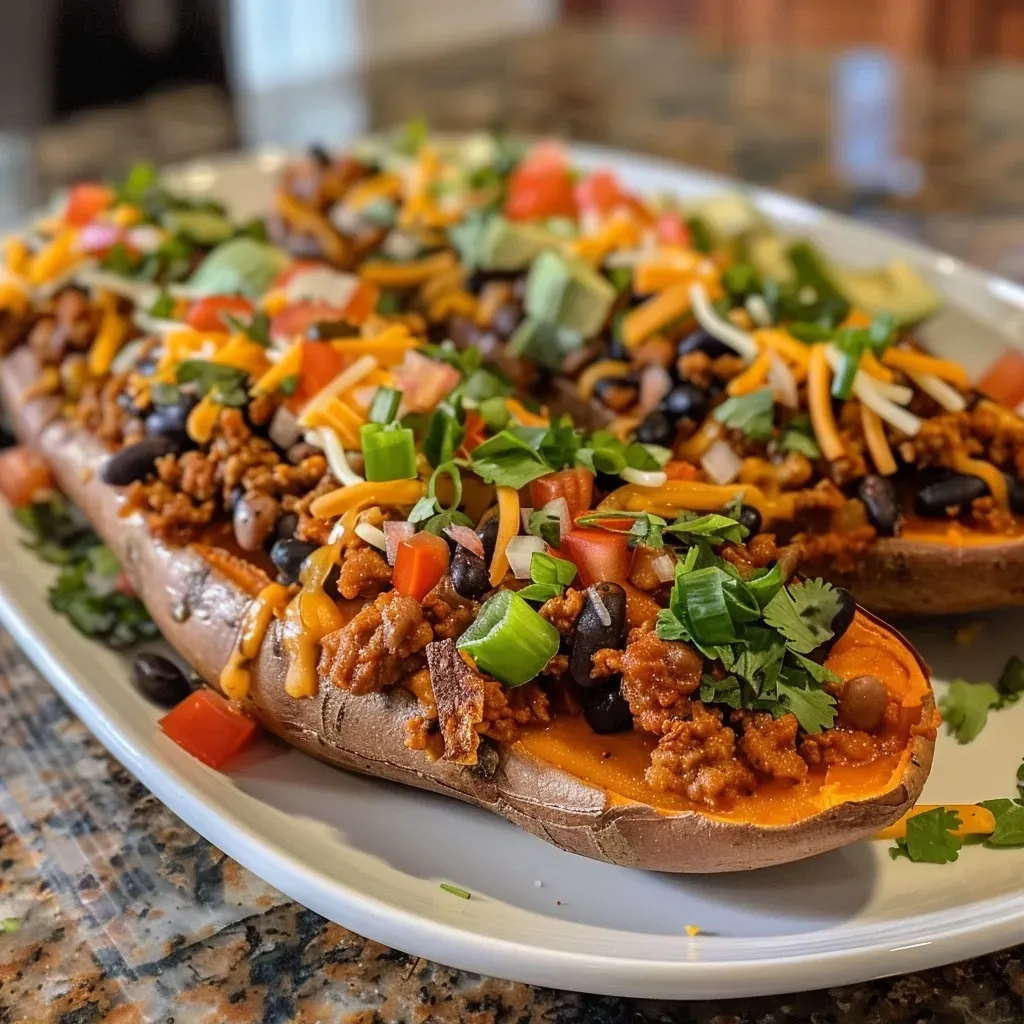 ['Two baked sweet potato halves filled with ground turkey and black beans, topped with melted cheese.', 'Juicy sweet potato boats stuffed with savory ground turkey, black beans, and garnished with fresh toppings.', 'Close-up view of sweet potato boats with a colorful filling of ground turkey, black beans, and shredded cheese.', 'A side view of sweet potatoes filled with ground turkey and black beans, showcasing melted cheese and fresh toppings.']