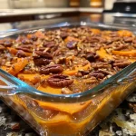 ['A close-up view of a creamy sweet potato casserole topped with chopped pecans.', 'Side angle shot of a sweet potato casserole with a golden-brown pecan topping.', 'Delicious sweet potato casserole with a crunchy pecan crust, showcasing its creamy texture.', 'Close-up of baked sweet potato casserole, highlighting the pecan topping and smooth filling.']