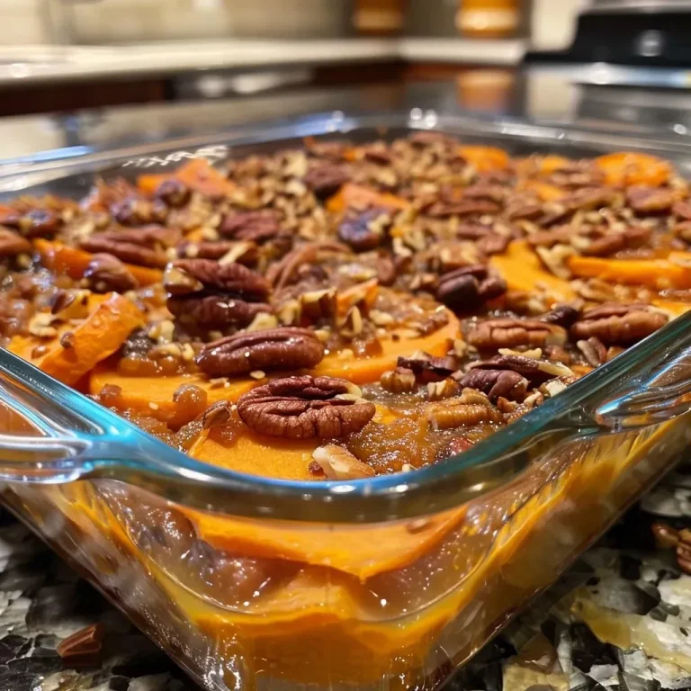 ['A close-up view of a creamy sweet potato casserole topped with chopped pecans.', 'Side angle shot of a sweet potato casserole with a golden-brown pecan topping.', 'Delicious sweet potato casserole with a crunchy pecan crust, showcasing its creamy texture.', 'Close-up of baked sweet potato casserole, highlighting the pecan topping and smooth filling.']