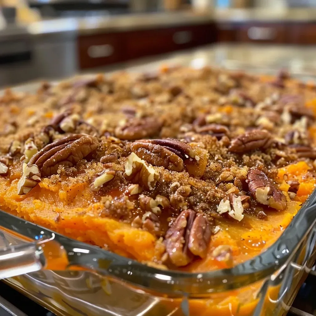 ['A close-up side view of a Sweet Potato Casserole topped with pecans and mini marshmallows.', 'Juicy and delicious Sweet Potato Casserole with a golden-brown topping of toasted pecans.', 'Side view of a decadent Sweet Potato Casserole, showcasing its creamy texture and marshmallow topping.', 'Close-up of a beautifully baked Sweet Potato Casserole, featuring a crunchy pecan topping.']