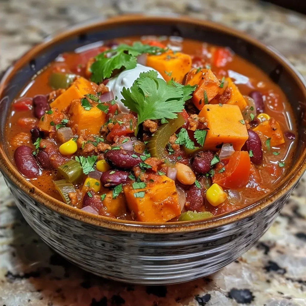 ['Close-up view of a bowl filled with vibrant sweet potato chili, featuring colorful ingredients.', 'A side view of a hearty sweet potato chili, showcasing diced sweet potatoes and various vegetables.', 'Delicious sweet potato chili in a rustic bowl, highlighting its texture and rich colors.', 'Close-up of a steaming bowl of sweet potato chili topped with fresh garnishes like lime and cilantro.']