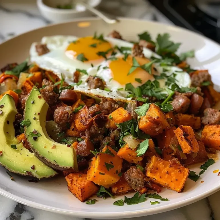 ['Close-up of Sweet Potato Hash topped with eggs and sausage.', 'Side view of a colorful Sweet Potato Hash with diced vegetables and eggs.', 'A vibrant dish of Sweet Potato Hash featuring sausage and garnished with parsley.', 'Juicy Sweet Potato Hash with sausage and sunny-side-up eggs in a bowl.']