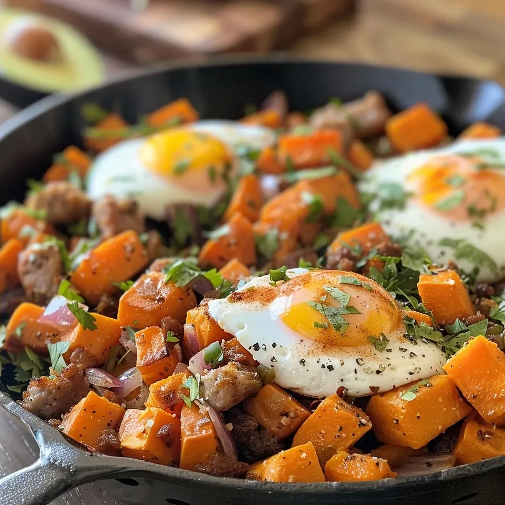 ['Close-up of Sweet Potato Hash topped with eggs and sausage.', 'Side view of a colorful Sweet Potato Hash with diced vegetables and eggs.', 'A vibrant dish of Sweet Potato Hash featuring sausage and garnished with parsley.', 'Juicy Sweet Potato Hash with sausage and sunny-side-up eggs in a bowl.']