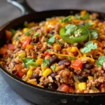 ['Close-up of a colorful Taco Skillet with ground beef, beans, and melted cheese.', 'Side view of a vibrant Taco Skillet featuring diced vegetables and ingredients.', 'Juicy Taco Skillet seen from the side, showcasing layers of rice, beans, and toppings.', 'Detailed view of a delicious Taco Skillet filled with savory ingredients and melted cheese.']