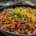 ['Close-up view of a delicious Taco Skillet filled with colorful ingredients.', 'Side view of a bubbling Taco Skillet showcasing ground beef, peppers, and cheese.', 'Juicy Taco Skillet with melted cheese and vibrant toppings, served in a skillet.', 'Deliciously layered Taco Skillet featuring rice, beans, and fresh vegetables.']