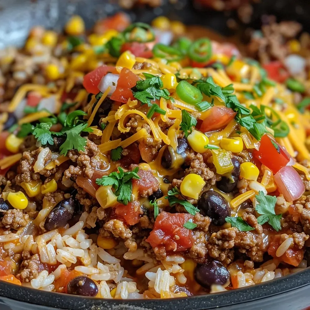 ['Close-up view of a delicious Taco Skillet filled with colorful ingredients.', 'Side view of a bubbling Taco Skillet showcasing ground beef, peppers, and cheese.', 'Juicy Taco Skillet with melted cheese and vibrant toppings, served in a skillet.', 'Deliciously layered Taco Skillet featuring rice, beans, and fresh vegetables.']