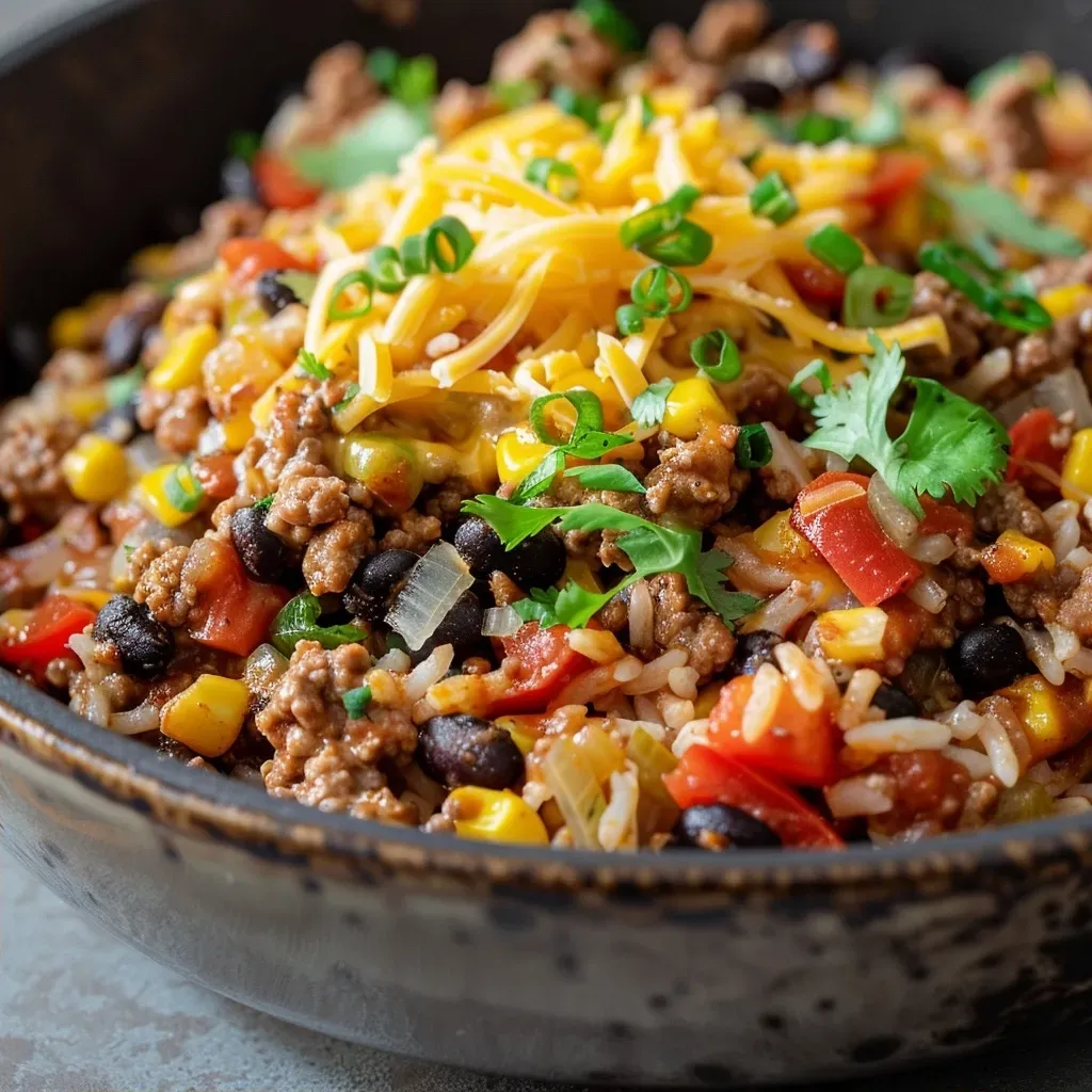 ['Close-up of a colorful Taco Skillet with ground beef, beans, and melted cheese.', 'Side view of a vibrant Taco Skillet featuring diced vegetables and ingredients.', 'Juicy Taco Skillet seen from the side, showcasing layers of rice, beans, and toppings.', 'Detailed view of a delicious Taco Skillet filled with savory ingredients and melted cheese.']
