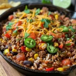 ['Close-up of a sizzling Tex-Mex Ground Beef Skillet, showing colorful diced vegetables and melted cheese.', 'Juicy Tex-Mex Ground Beef Skillet featuring ground beef, bell peppers, and a vibrant mix of toppings.', 'Side view of a flavorful Tex-Mex Ground Beef Skillet with rice, beans, and garnished with fresh cilantro.', 'Close-up of a hearty Tex-Mex Ground Beef Skillet filled with ground beef, corn, and tortilla chips.']