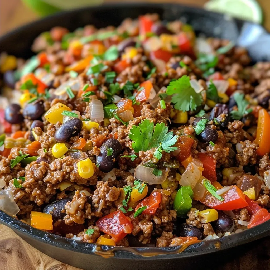 ['Close-up of a sizzling Tex-Mex Ground Beef Skillet, showing colorful diced vegetables and melted cheese.', 'Juicy Tex-Mex Ground Beef Skillet featuring ground beef, bell peppers, and a vibrant mix of toppings.', 'Side view of a flavorful Tex-Mex Ground Beef Skillet with rice, beans, and garnished with fresh cilantro.', 'Close-up of a hearty Tex-Mex Ground Beef Skillet filled with ground beef, corn, and tortilla chips.']