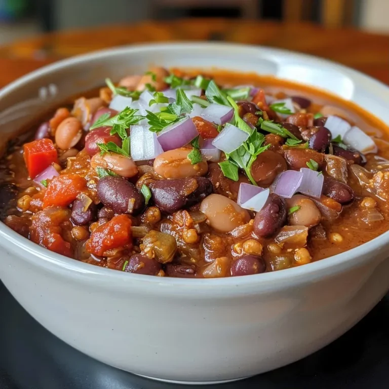['Close-up view of a bowl of three-bean vegetarian chili with vibrant colors and textures.', 'Side view of a hearty three-bean vegetarian chili showcasing beans and vegetables.', 'A colorful serving of three-bean vegetarian chili, highlighting various beans and diced tomatoes.', 'Detailed close-up of three-bean vegetarian chili, focusing on the ingredients and spices.']